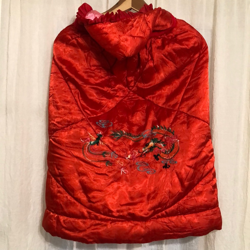 Kids Vintage Red Satin Reversible Embroidered Dragon Cape Hooded Cloak Poncho Sm